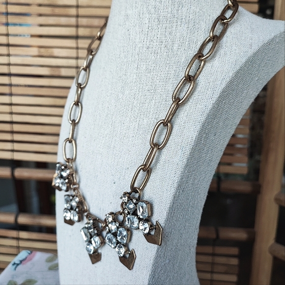 Plunder Brand Clear Rhinestone Oxidized Brass Tone Statement Necklace Art Deco - Picture 2 of 9